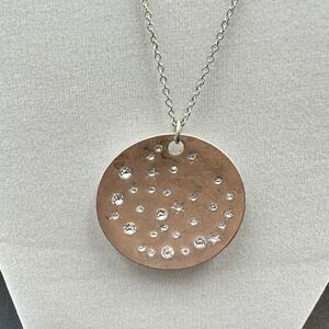 Cookie Lee Silver Disc Pendant Necklace Rhinestone Galaxy Design Minimal Sparkle